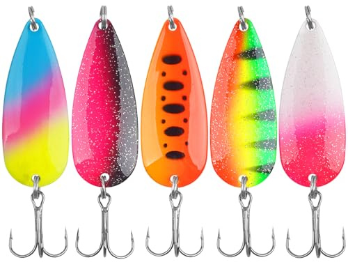 Fishing Spoons Lures Kit, 5pcs Spinnerbaits Hard Metal Fishing Lures Trolling Spoon with Treble Hooks for Trout Salmon Bass Saltwater Freshwater Tackle Box
