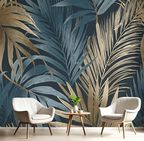 GSAEIMCT Gold Blue Elegant Palm Leaves Wallpaper Wall Covering Mural,Tropical Style Print Large Photo for Home Office Bedroom Living Room Decoration Poster Tv Background Wall,150X105Cm