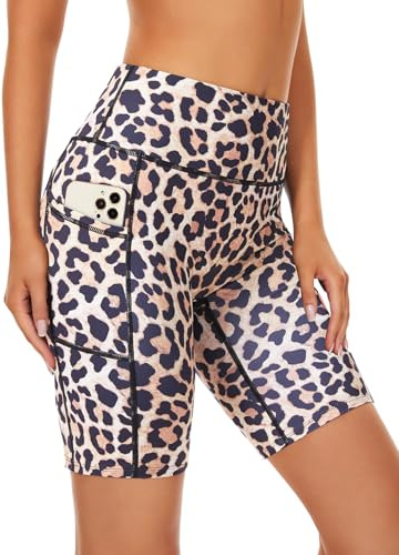 SIMIYA Laufhose Kurz Damen Radlerhose, Leggings Kurz mit Tasche High Waist Sporthose Kurz Damen Gym Shorts（Leopardenmuster,S）