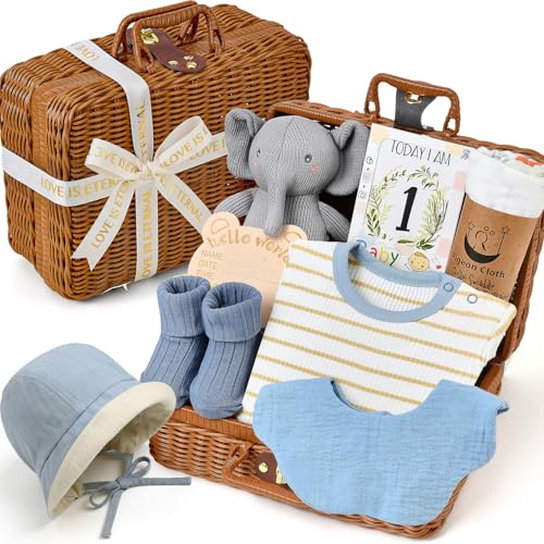 Baby Geschenkset Neugeborenen Geschenke zur Geburt Jungen mit Bambuskorb, Baby Strampler, Elefanten Kuscheltier, Mulltuch, Lätzchen, Mütze, Socken, Baby Essentials Baby Shower Geschenk (Bambuskorb)