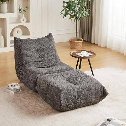 DRIXNO Bodensofa, Bodenstuhl mit Fußstütze, Boden-Loungesessel, Ecksitzsäcke, Sitzsack Sofa, Bodensofa mit Rückenlehne, Meditationsstuhl für Wohnzimmer, Schlafzimmer, Gaming und Büro, Grau