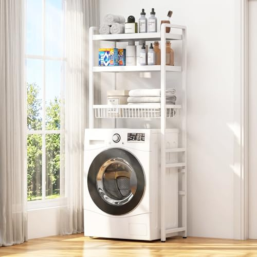 YUZINO 3-stufiges Waschmaschinenregal mit Aufbewahrungskorb und 4 Haken, 168 cm hoch, platzsparende Aufbewahrung über der Waschmaschine, strapazierfähiges Stahlrohr-Waschmaschinenregal für Waschküche