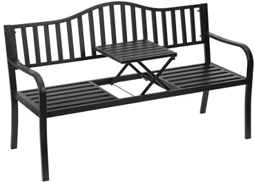 Roomark Gartenbank Metall mit ausklappbarem Tisch, 2-3 Sitzer Parkbank aus Gusseisen bis 240kg belastbar, Wetterfeste Sitzbank mit integriertem Teetisch für Garten, Balkon & Terrasse, 150cm Breit