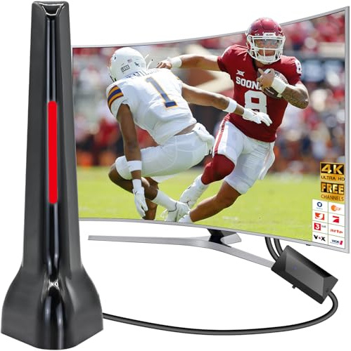 DVBT2 Antenne, DVBT2 Antenne mit Verstärker Innen, DVBT Antenne, Zimmerantenne für Fernseher, 360° Allroundempfang bis 500 km, 4K HD lokaler Sender, Magnetfuß 3m Kabel (Rot)