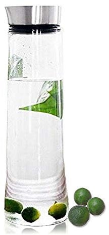 Buwico Saftflasche aus Borosilikatglas mit Deckel aus Edelstahl, für Wasser, Milch, Saft, Eistee, Limonade und kohlensäurehaltige Getränke geeignet, Borosilikatglas, 1L