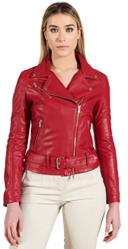 D'Arienzo Chiodo Pelle Rossa Donna Biker con Cintura Vera Pelle Made in Italy Chiodo Rosso/L