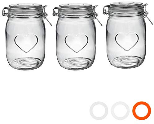 Nicola Spring herzförmige Glas-Vorratsdose mit luftdichtem Clip-Deckel – 1000 ml – 3er-Pack – 4 Farbsiegel – runder Einmachbehälter im Vintage-Stil für die Küche zum Einlegen