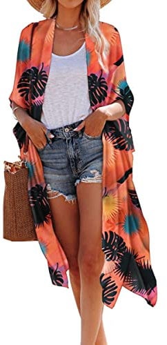 Hibluco Women's Fashion Chiffon Floral Kimono Cardigan Long Swimwear Cover Ups