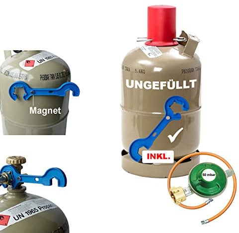 CAGO Propan-Gas-Flasche 5kg grau leer Neuflasche mit Camping Gas-Druck-Regler 50 mbar, Gas-Schlauch 150 cm und Gasreglerlöser mit Magnet + Schlüssel 17mm für Überwurfmutter 1/4