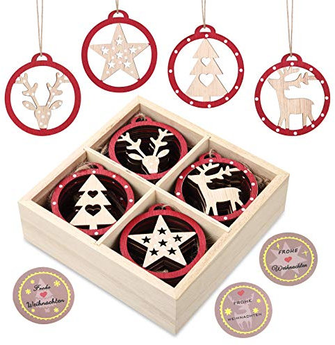 KOHMUI Christbaumschmuck Holz Set, Weihnachtsdeko Anhänger, Weihnachtsdekoration Baumschmuck zum Hängen, 24 Christbaum Hirschkopf Rentier Stern Weihnachtssnhänger mit 18 Frohe Weihnachten Aufkleber