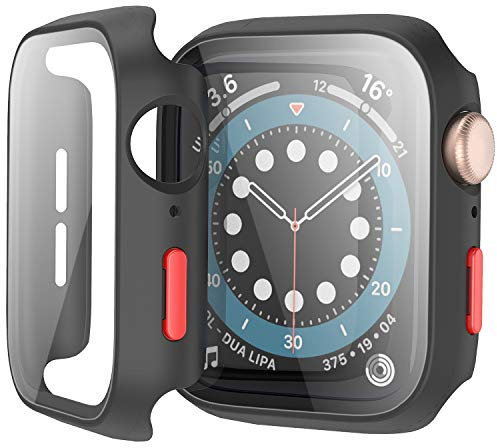 Cover Nero con Pellicola Protezione Schermo Vetro Temperato per Apple Watch SE Serie 6/5/4 44mm, iWatch Custodia Proteggi,Bumper,Sottile Case Protettiva Completa