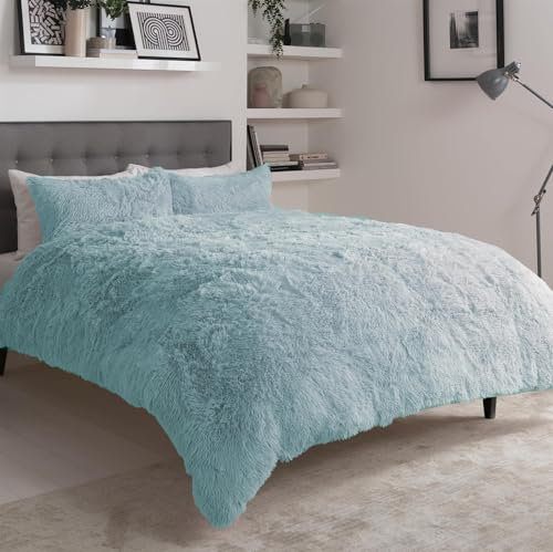 Olivia Rocco Snuggle Duvet Cover Set Super Soft Fluffy Quilt Sets Warm Cosy Winter Bedding, Duck egg Single
