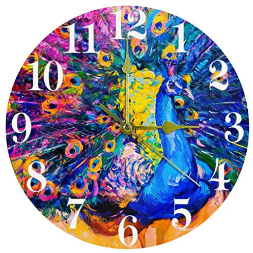 Timmershabi Ölgemälde Pfau Wanduhr, 25,4 cm, geräuschlos, nicht tickend, Quarz, batteriebetrieben, runde Wanduhren für Zuhause/Küche/Büro/Schule Uhr