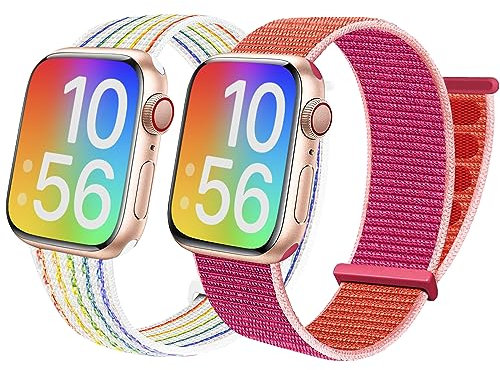 BlackPro Apple Watch-Armband für Kinder, atmungsaktiv, weiches Nylon-Schlaufenarmband für Jungen und Mädchen, kompatibel mit Apple Watch Serie 7/6/5/4/3/2/1/SE, 44 mm, 45 mm (Regenbogen und Pomered)
