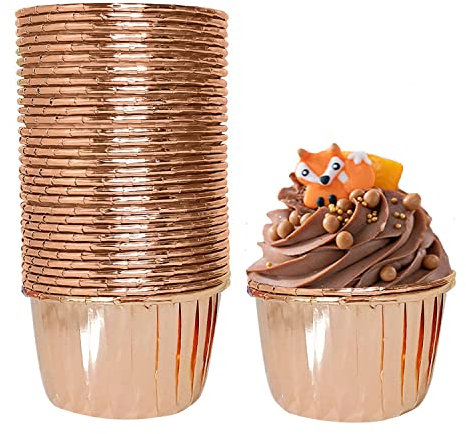 Frepea 50 Stücke Cupcake Formen Papier Muffinförmchen Papier Antihaftbeschichtet Einweg-Backbecher für Halloween Geburtstage Hochzeiten Partys (Champagner Gold)