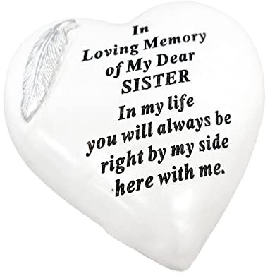 Plaque commémorative en forme de cœur en pierre - Décoration funéraire personnalisée blanche et argentée avec plume - 15 x 15 cm (sœur)