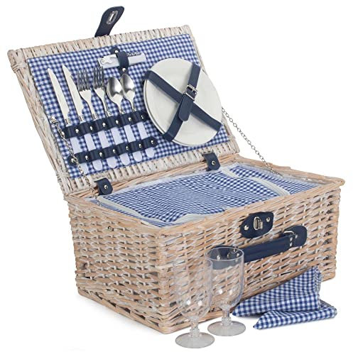 Red Hamper Blue and White Gingham 2 Person Fitted Wicker Picnic Basket