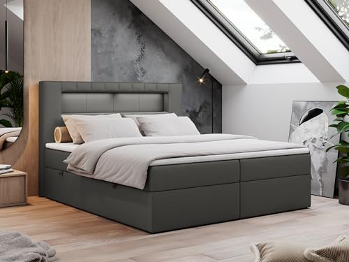 MKS MEBLE Boxspringbett 160x200 mit Led Grau Kunstleder, Polsterbett Bett mit Topper T25 und Kopfteil, Multipocket Matratze H3, Doppelbett mit Bettkasten Stauraumbett - Gold-5 - Dunkelgrau Kunstleder