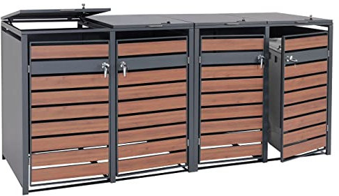 4er Mülltonnenverkleidung HWC-J81, Mülltonnenbox, erweiterbar, Metall 100kg, anthrazit - Kirsche-Holzoptik Dunkelbraun