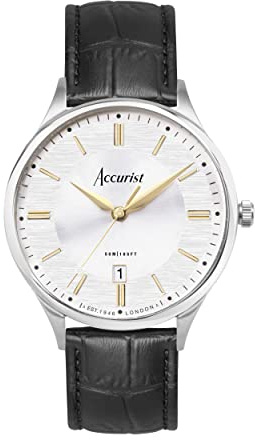Accurist Classic Mens Analogue Watch 37mm dial Silver Leather Strap | 50 Metres Water Resistance, dual-texture dial, date display