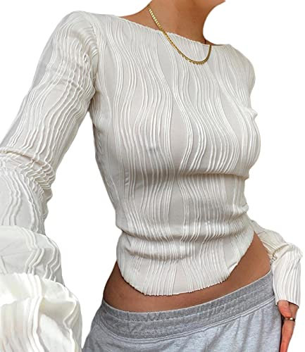 Geagodelia Women's Long Sleeve T-Shirt Ladies Sexy Crop Top Y2K Fashion Aesthetic Clothes Going Out Outfit Skims Dupe Club Party Streetwear Spring Summer (C - White, M)