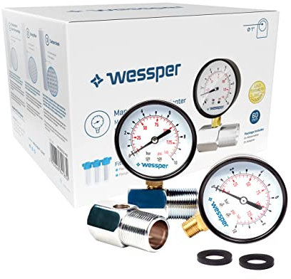 Wessper 2 Pièce Manomètre de Pression d'eau avec Adaptateur, Outil Mesure de Mètre Pression d'eau Hydraulique | Raccordement radial Ø 3/4”, 10 bar / 0-145 psi