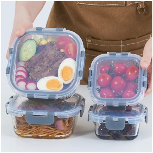 ROSOS Glass Food Storage Containers with Upgraded Airtight Lids, Glass Containers with Lids Super Leak Proof, Not Easy Broken & BPA Free, Glass Food Containers for Freezer to Oven Safe, 4 Pack, Grey