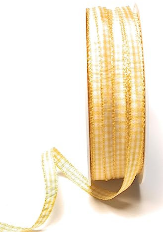 s.dekoda Schleifenband 50m x 6mm Gelb - Weiß Karoband Vichykaro gewebtes Dekoband kariert