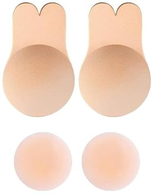 24Ersi Reggiseno adesivo, senza spalline, 2 reggiseno adesivo push up, con 2 cuscinetti per capezzoli in silicone, reggiseno senza spalline, taglie forti, adatto per abiti da sposa, beige, L/XL