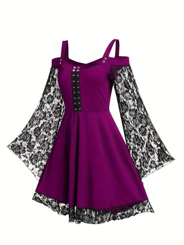Robe Gothique Médiévale Femme Robe Moyen Age Renaissance Dress Rétro à Manches Flares en Dentelle Costume Bustier Epaules Dénudées Robe de Bal Carnaval Cosplay Deguisement Halloween (Rose fonce,3XL)