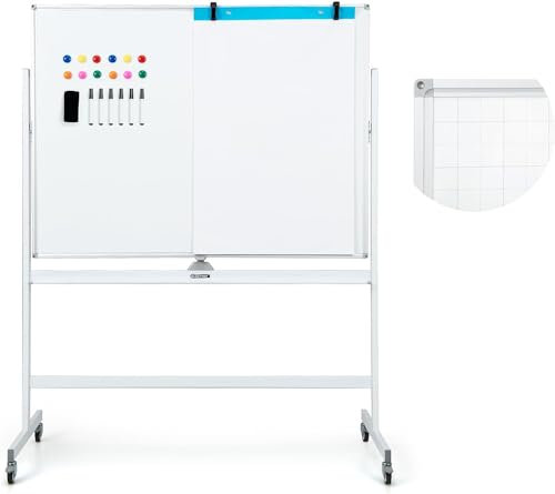 COSTWAY Lavagna Bianca Regolabile in Altezza con Ruote e Bordo Magnetico, Lavagna a Doppio Lato Cancellabile a Secco con Griglia, 4 Ruote Bloccabili, 90 x 120 cm (Bianco)