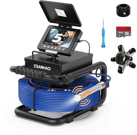 ESANHAO Professionelle Rohrkamera mit 512Hz Transmitter und Selbstnivellierender, Kanalkamera 5 Zoll Farbmonitor Kanal-Endoskopkamera mit DVR, IP68 Wasserdicht Industrie-Kanal Kamera