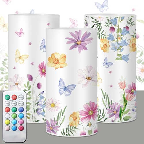 ROCEEI Flammenlose LED-Kerzen, batteriebetrieben, Schmetterling, flackernde Echtwachskerzen mit Fernbedienung, florale Frühlingsdekoration für Wohnzimmer, Urlaubsdekoration, Wildblumen, 3 Stück