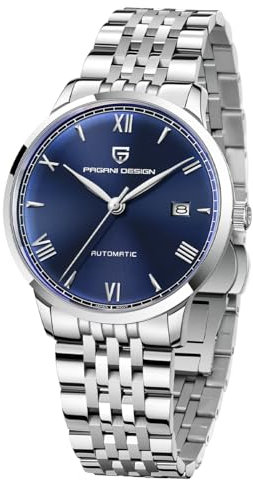 BY BENYAR Pagani Design1759 Herren-Automatikuhr, Japanisches NH35-Uhrwerk,Synthetischer Saphirspiegel 100M wasserdichte Sportuhr aus Edelstahl/Nylon (Stahlband blau)