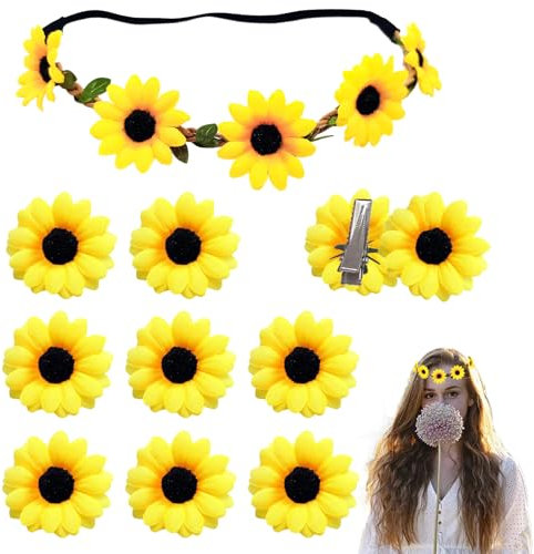 Cozevdnt Blumen Haarband Haarspangen, Sonnenblumen Blumen Haarband mit 10 Stück Daisy Blumen Haarspangen, Mädchen Damen Sonnenblumen Stirnband, Strand Hochzeit Reise Karneval Party Kopfschmuck (Gelb)