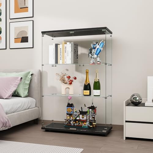 FANYUSHOW Glasvitrine Standvitrine in Schwarz, Modern Glas Holz Vitrine 3-Lagen Vitrine aus Glas für Sammlerstücke Bücher Wein, für Büro Wohnzimmer Küche, 125 x 79 x 36.5 cm