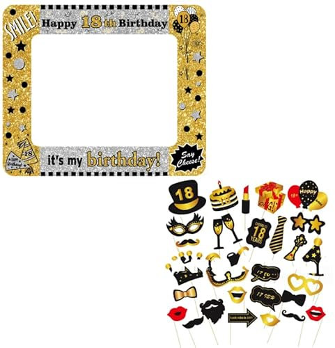 Eowppue 31 Pezzi Photo Booth Compleanno Accessori Carta Foto Frame Cornice Baffi Occhiali Cappelli Puntelli Fotografia Decorazione per Festa Compleanno Gadget 18 Anni Fai da Te