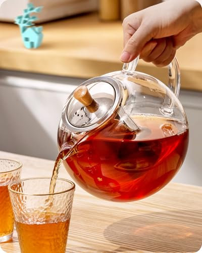 Baffect Teekanne Glas mit Siebeinsatz, Teekanne Glas 1.8l für losen Tee, Hoch Borosilikatglas Teekanne mit Deckel für Heiß-/Eisgetränke (klar)