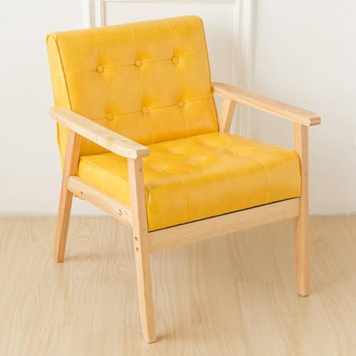 WAGXIyU Mid-Century-Freizeitstühle, moderner gepolsterter Wohnzimmerstuhl aus PU-Leder, gemütlicher Sessel mit getufteter Rückenlehne und Holzbeinen für Schlafzimmer, Büro, Café (Farbe: /Gelb)