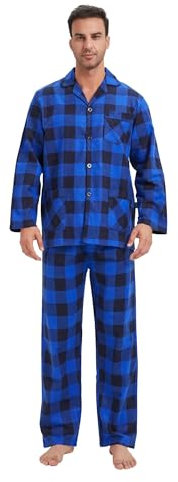 GLOBAL Homme Pyjama Flanelle Ensembles de Pyjama Homme Coton Vêtements de Nuit Haut Deux Pièces Chaud Pyjama Sets Boutonnés à Manches Longues Loungewear Carreaux Bleu/Noir XL