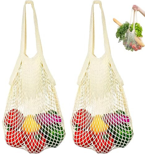 ElevaPulse 2 Stück Einkaufsnetz Netz Wiederverwendbar, Netztasche, Netzbeutel, Einkaufstaschen Aus Bio Baumwollseil, Mesh Bag, Mesh Tasche, Mesh Tasche, für Die Aufbewahrung Von Obst Und Gemüse, Beige
