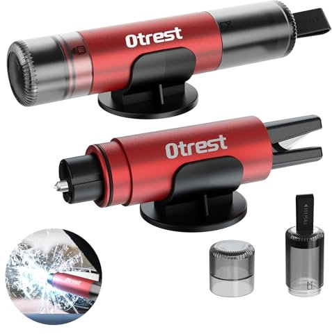 OTREST 2 Pack Car Safety Hammers, 2 In 1 One Second Car Glass Breaker & Seat Belt Cutter, Multifunctional Automobile Window Breaker Emergency Escape Tool with Sticky Wall Holder AP001E, Red
