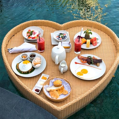 FJYAWEN Schwimmendes Tablett, Retro-Wasser-Frühstückstablett, Luxuriöses Schwimmendes Tablett, Hölzerner Rattankorb Für Den Schwimmenden Teller Im Swimmingpool Einer Hotelvilla,Beige-Heart-Shaped