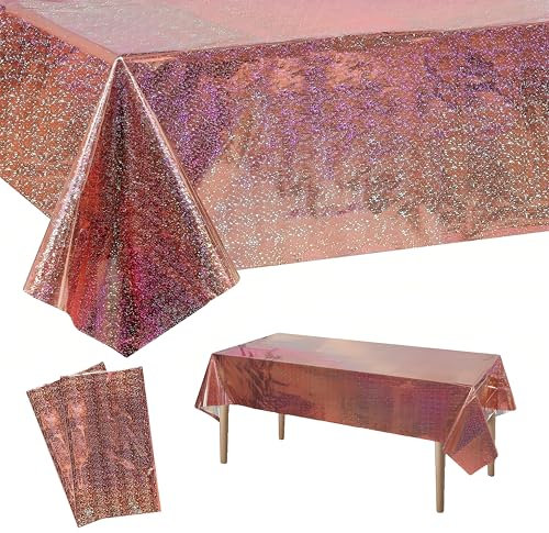 2pcs 137x274cm Rose Gold Tablecloth for Rose Gold Party Decorations,Plastic Holographic Table Cloths Foil Table Cover Metallic Disco Tablecloth for Outdoor Picnic,Birthday,Christmas Party Decorations