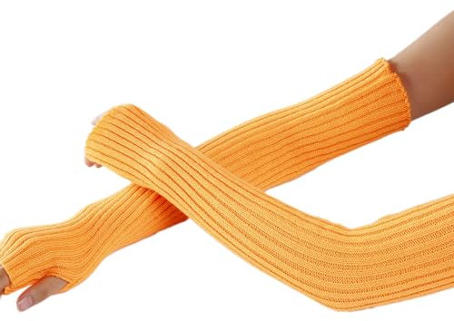 Blausky 1 Paar Winter Gestrickte Handschuhe,Wärmer Handstulpen,Lange Fingerlose Handschuhe,Armwärmer Stulpen,Fingerlose Armstulpen,Handwärmer Stulpen,Dehnbare Häkelhandschuh,Strick Gloves,Orange
