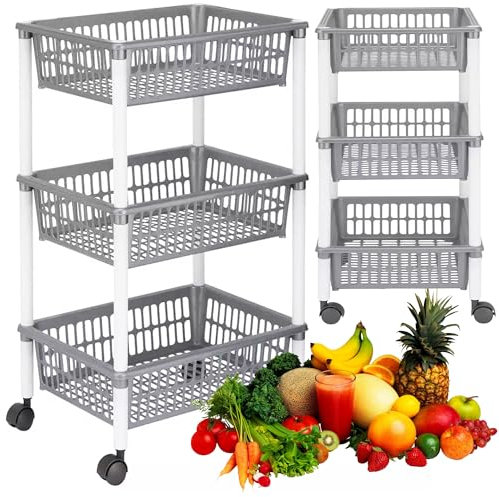 STORM TRADING GROUP 3 Tier Grey Strong Vegetable Trolley Baskets On Wheels Ideal For Fruit & Veg Multipurpose Home, Kitchen, Bathroom & Office Storage Organiser (1 Set)