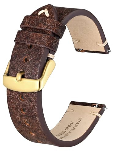 BSIONSTRAP Antike Uhrenarmband für Herren, Italienisches Leder, Schnellverschluss Armband, Kompatibel mit Uhrenanstoßbreiten von 20 mm, Kaffeebraun (Goldene Schnalle)