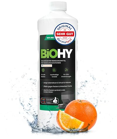 BiOHY Wischroboter Reiniger für Station mit Orangenduft (1l Flasche) | Kompatibel mit Roborock, Dreame, Ecovacs, Tineco, Mova und Bissell Wisch- und Saugrobotern sowie Saugwischern