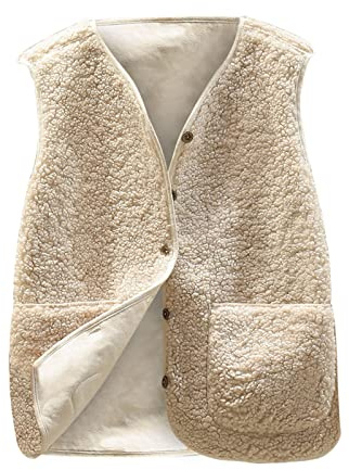 Yolimok Women's Teddy Fleece Gilets Waistcoat V Neck Button Down Sherpa Fluffy Solid Color Lightweight Cozy Sleeveless Vest Winter Ladies Gilets and Bodywarmers With Pockets