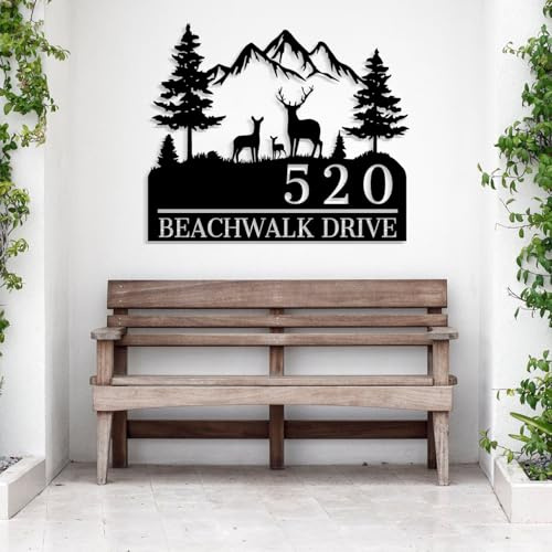MeigoArt Personalized Tree House Number, Custom Metal Address Sign, Pine Forest Home Number, Lake Home Sign (Style-1, Black, Metal, Address Plaque, Wall Mount, Style-1)